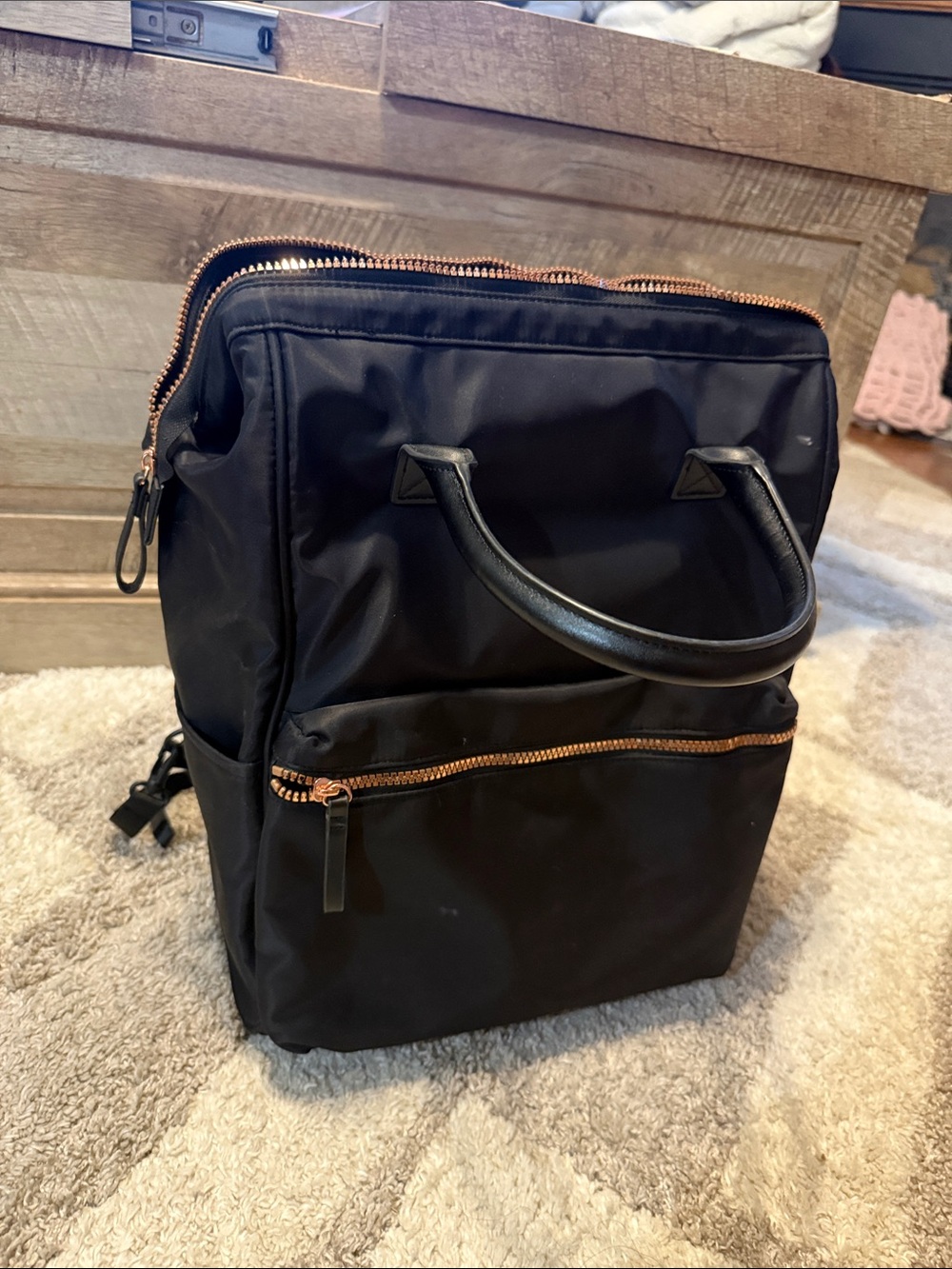 Black Nylon Top-Handle Backpack with Rose Gold Zippers